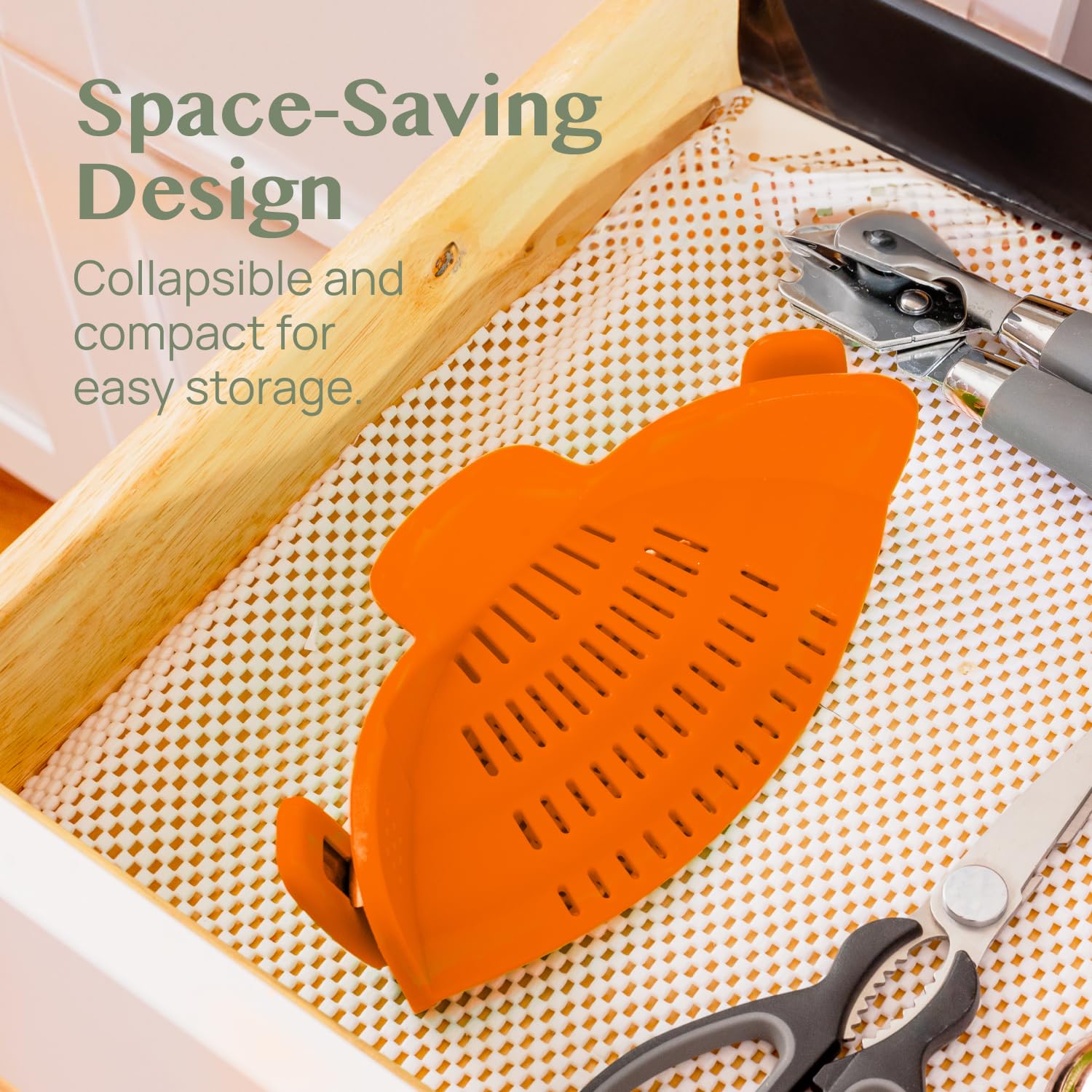 Kitchen Gizmo Snap N Strain compact design saves kitchen space.