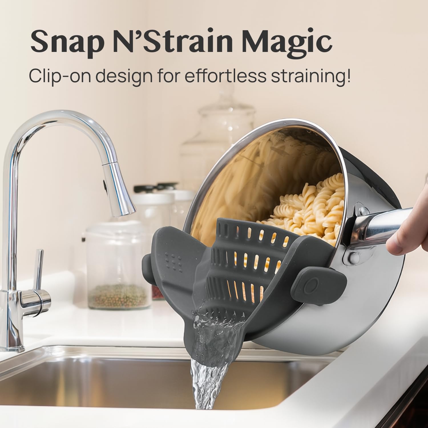 Kitchen Gizmo Snap N' Strain heat-resistant silicone handles hot liquids safely.