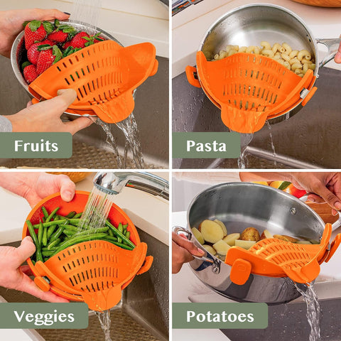 Kitchen Gizmo Snap N Strain in-use on a pot during draining.