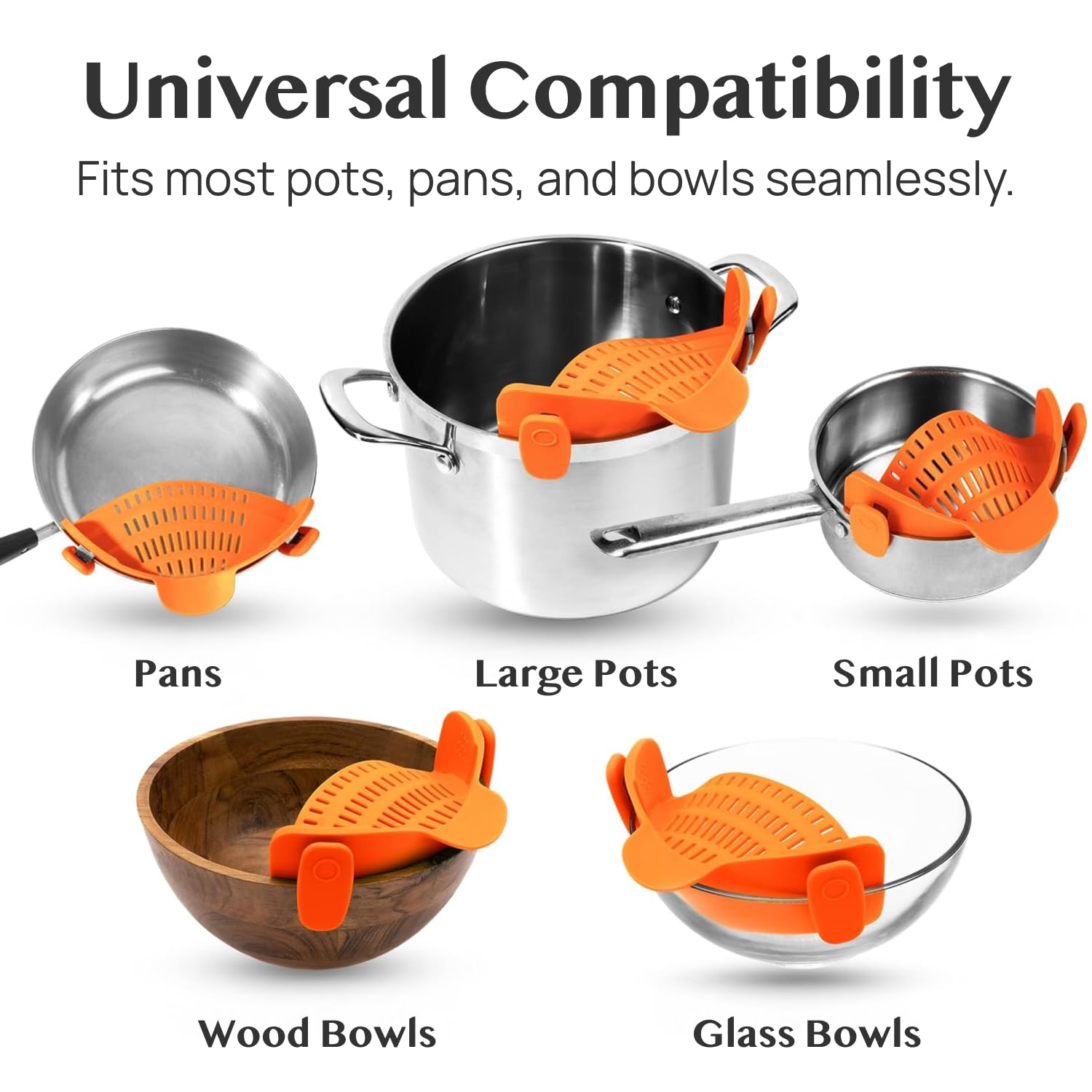 Kitchen Gizmo Snap N Strain orange handle adds visibility.