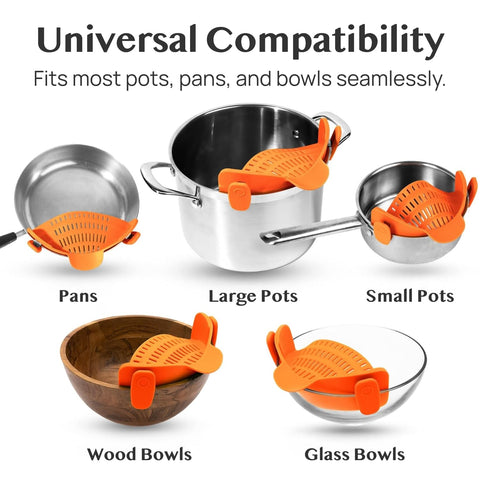 Kitchen Gizmo Snap N Strain orange handle adds visibility.