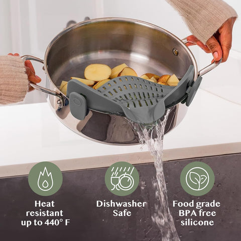 Kitchen Gizmo Snap N' Strain drains pasta and vegetables efficiently.