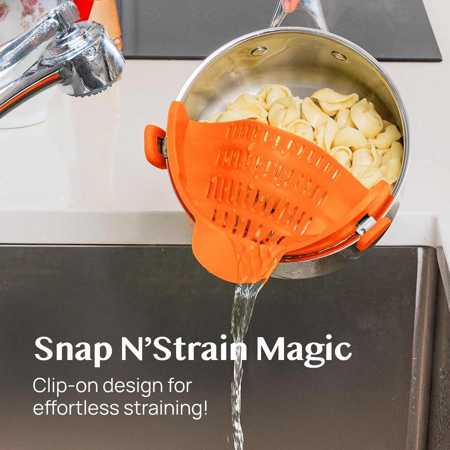 Kitchen Gizmo Snap N Strain securely grips most pots for spill-free pouring.