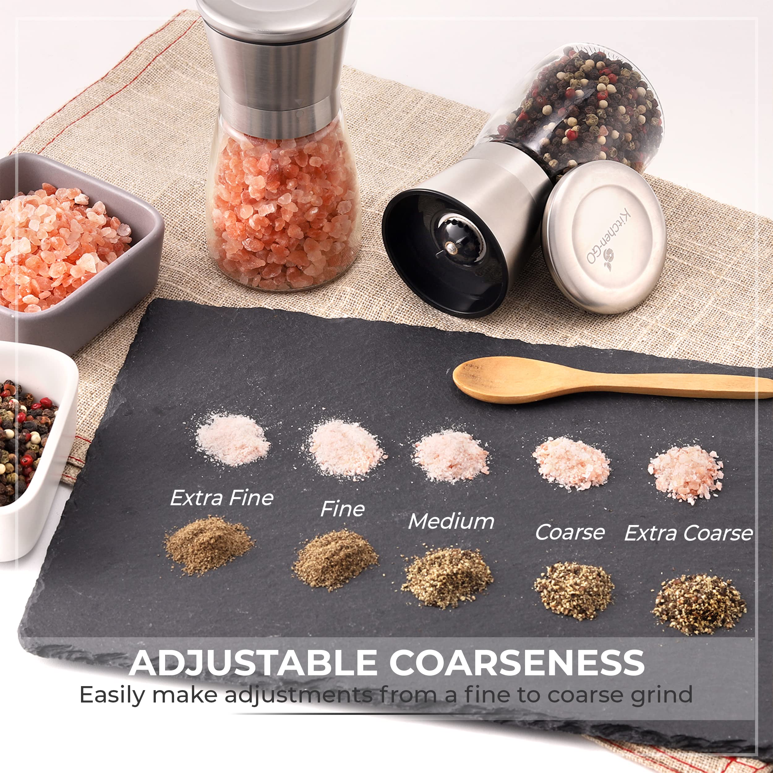 Kitchen-GO pepper grinder adjustable coarseness for customizable grind levels.