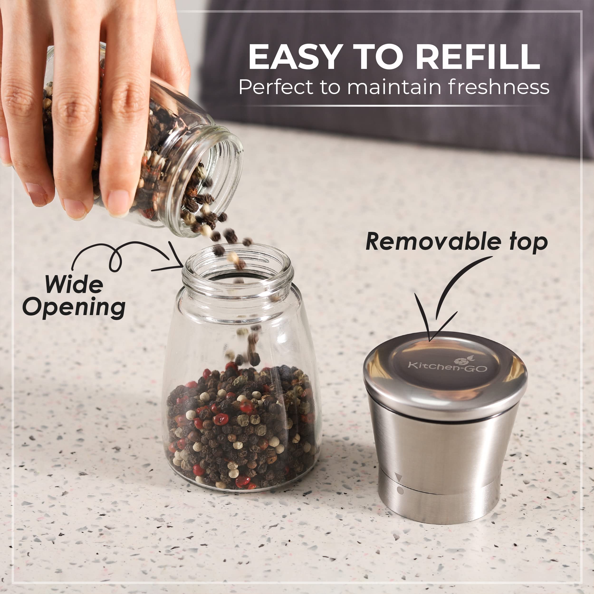 Kitchen-GO refillable grinders with clear containers for easy monitoring.