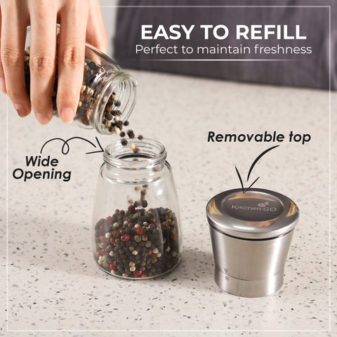 Kitchen-GO refillable grinders with clear containers for easy monitoring.