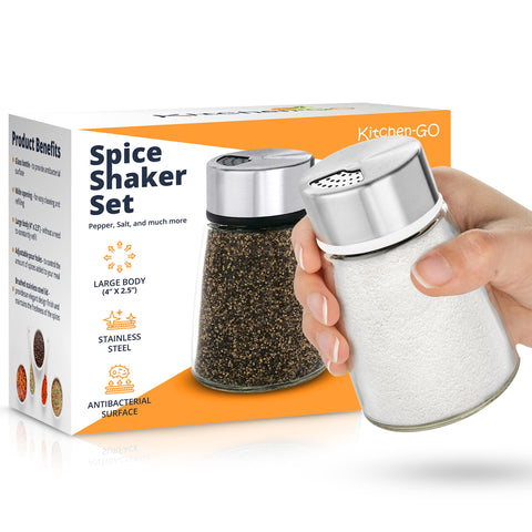 Kitchen-GO shakers feature a brushed stainless steel lid and glass body, keeping spices fresh.