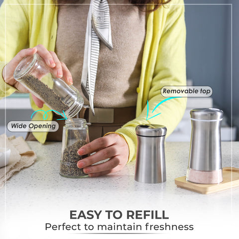 Kitchen-GO stainless steel shakers on bamboo stand keep counters tidy