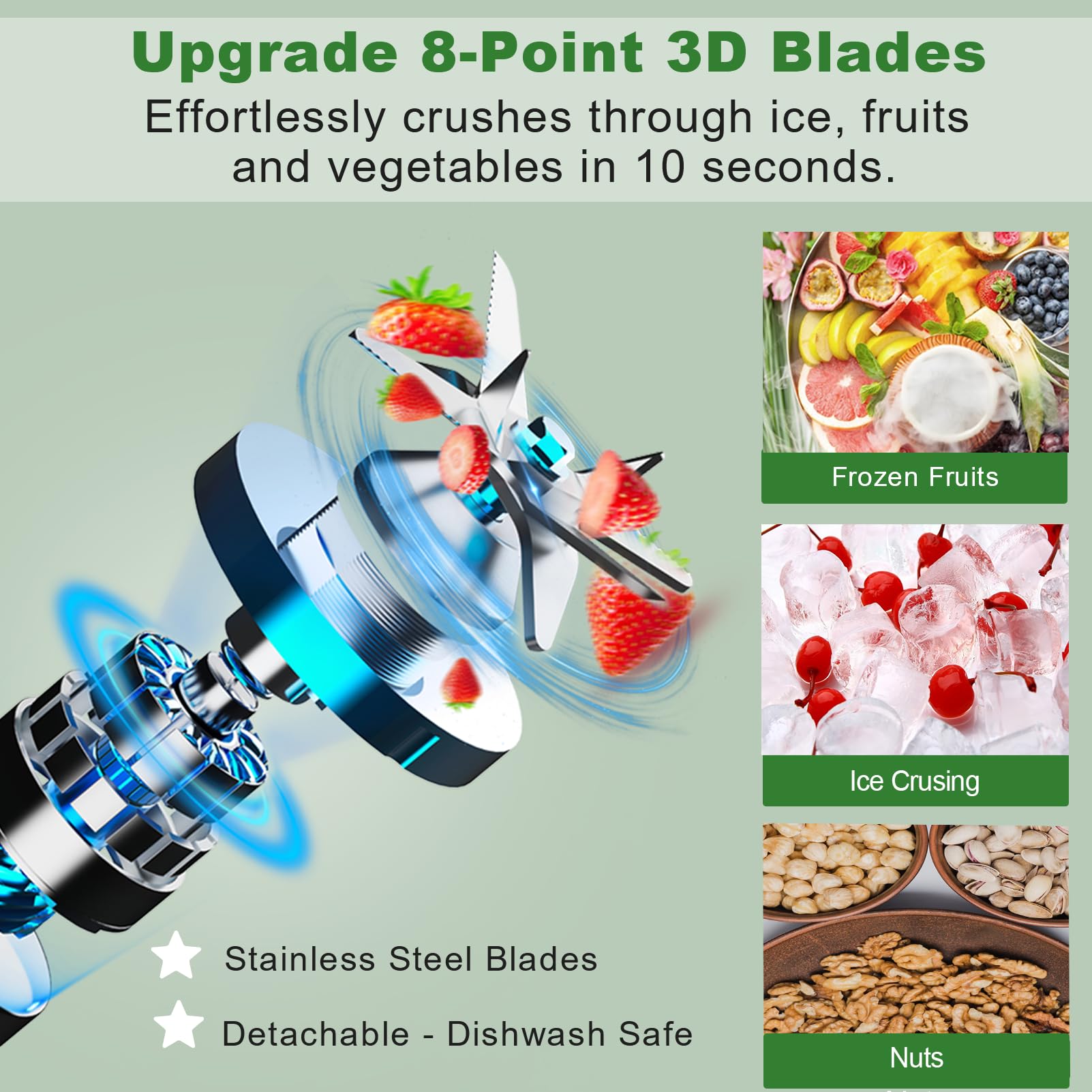 Kitchen in the box Blender features 8-point 3D blades for thorough pulverizing.