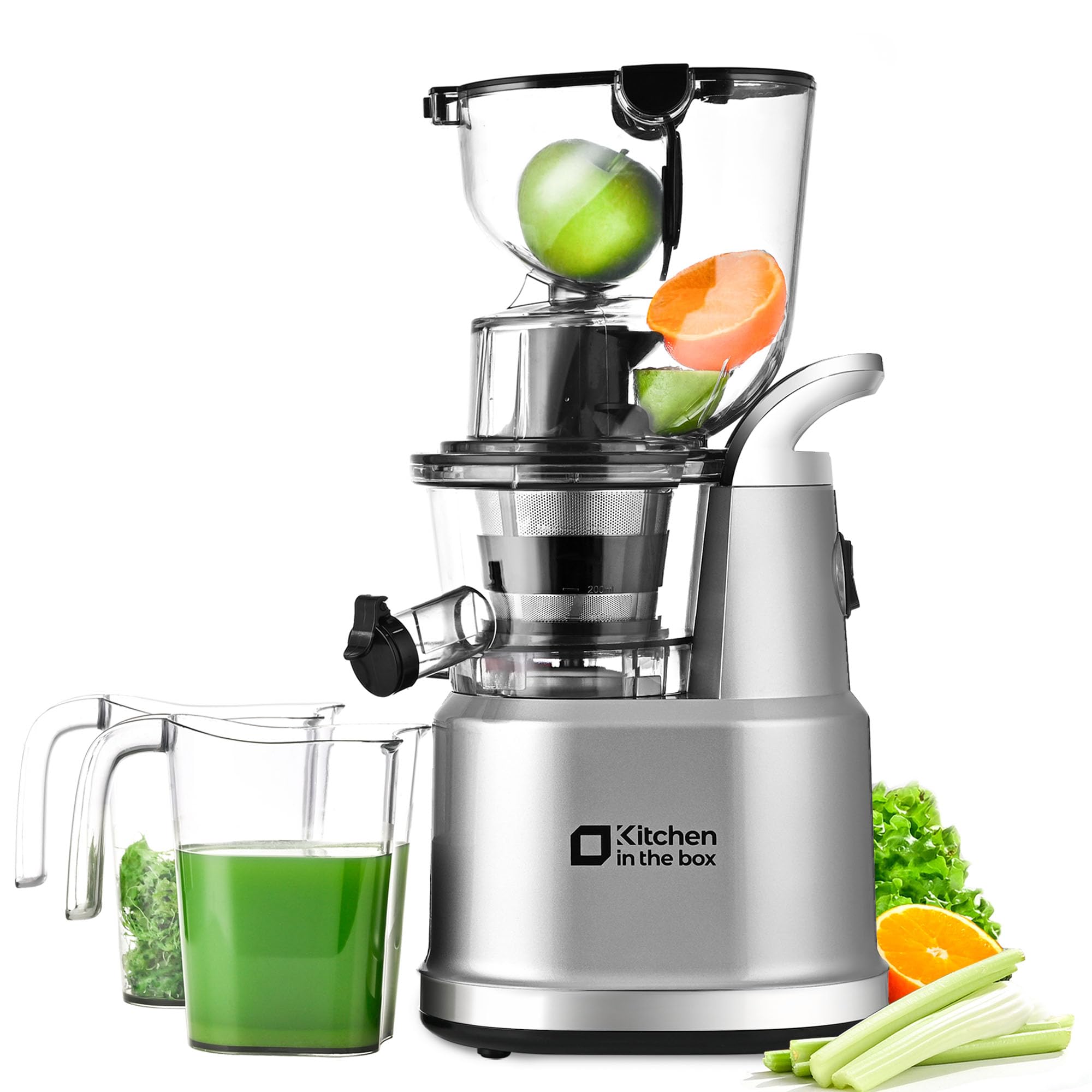 Kitchen in the Box cold press juicer with wide chute for whole fruits.