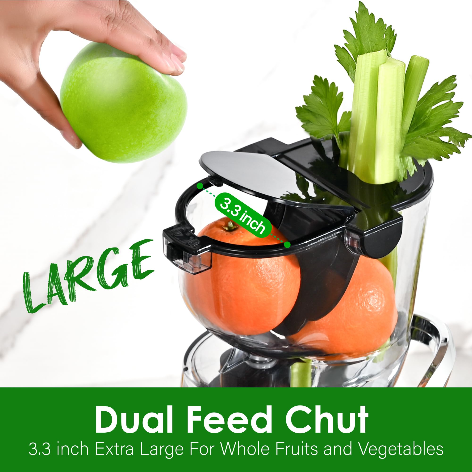 Kitchen in the Box juicer with long vegetable chute for prep ease.