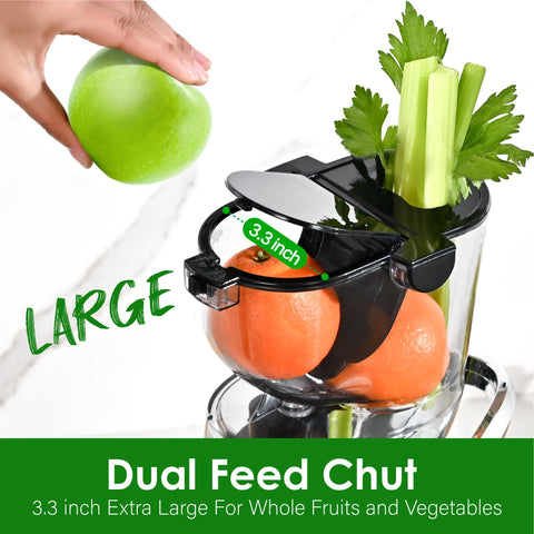 Kitchen in the Box juicer with long vegetable chute for prep ease.