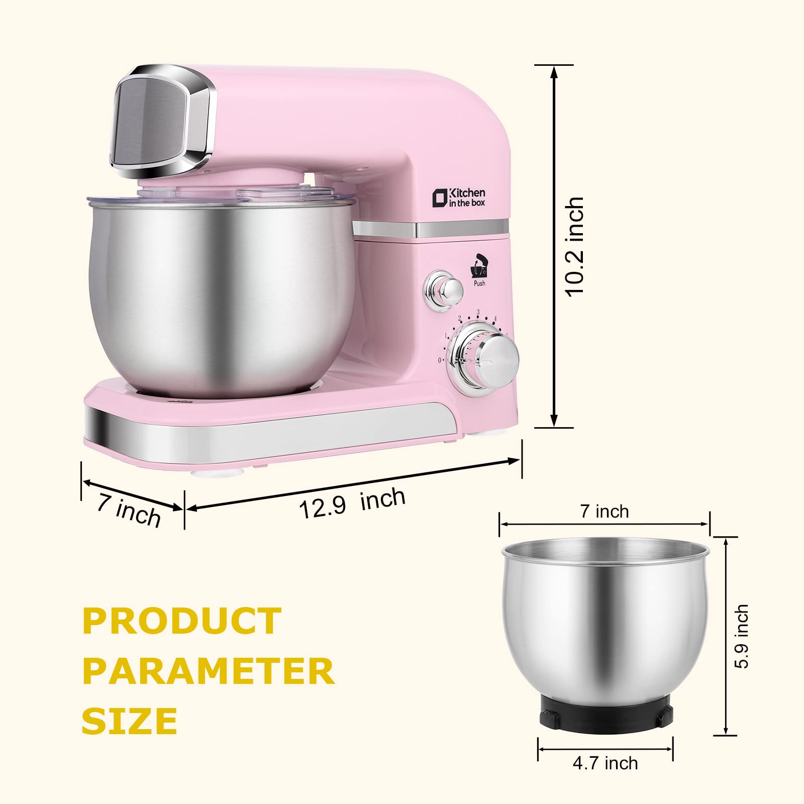 Kitchen in the Box pink stand mixer with a 3.2Qt bowl for small batches.