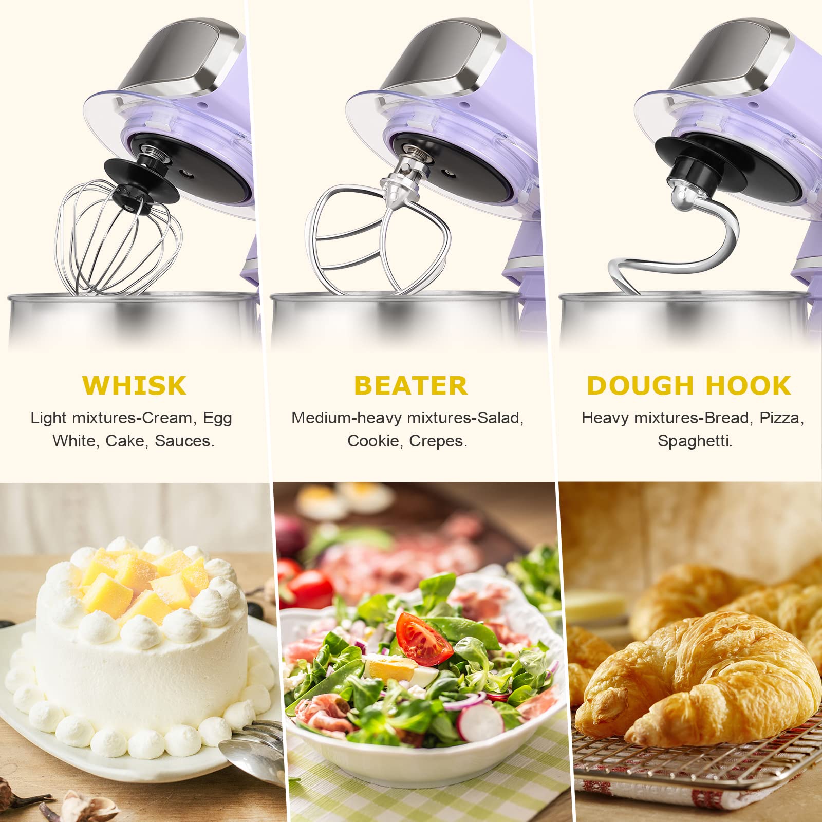 Kitchen in the box stand mixer six-speed control for a range of batters.