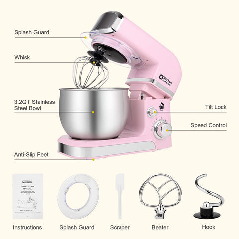 Kitchen in the Box mixer attachments: dough hook, whisk, and beater.