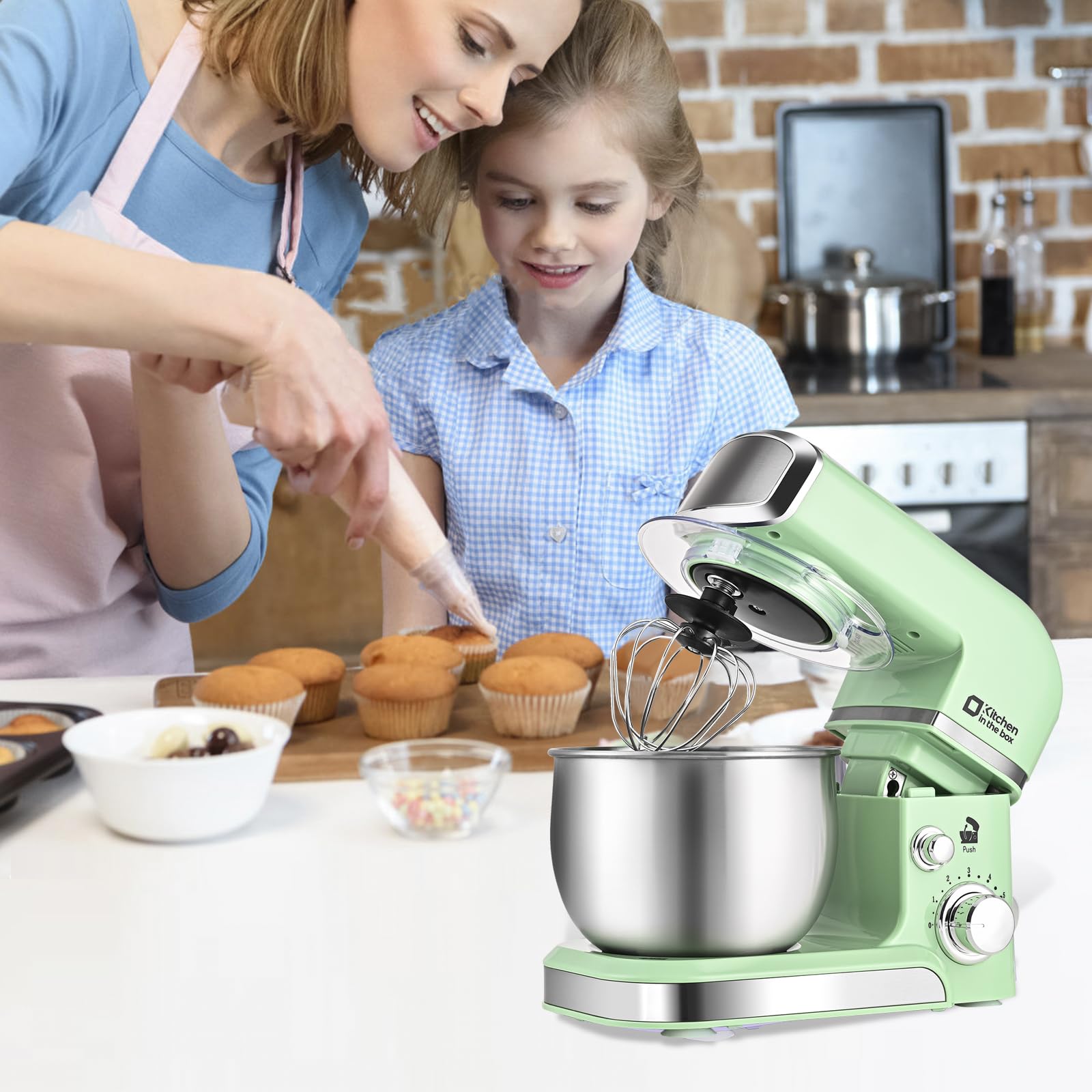 Kitchen in the box stand mixer includes dough hook, flat beater, and whisk.