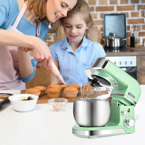 Kitchen in the box stand mixer includes dough hook, flat beater, and whisk.