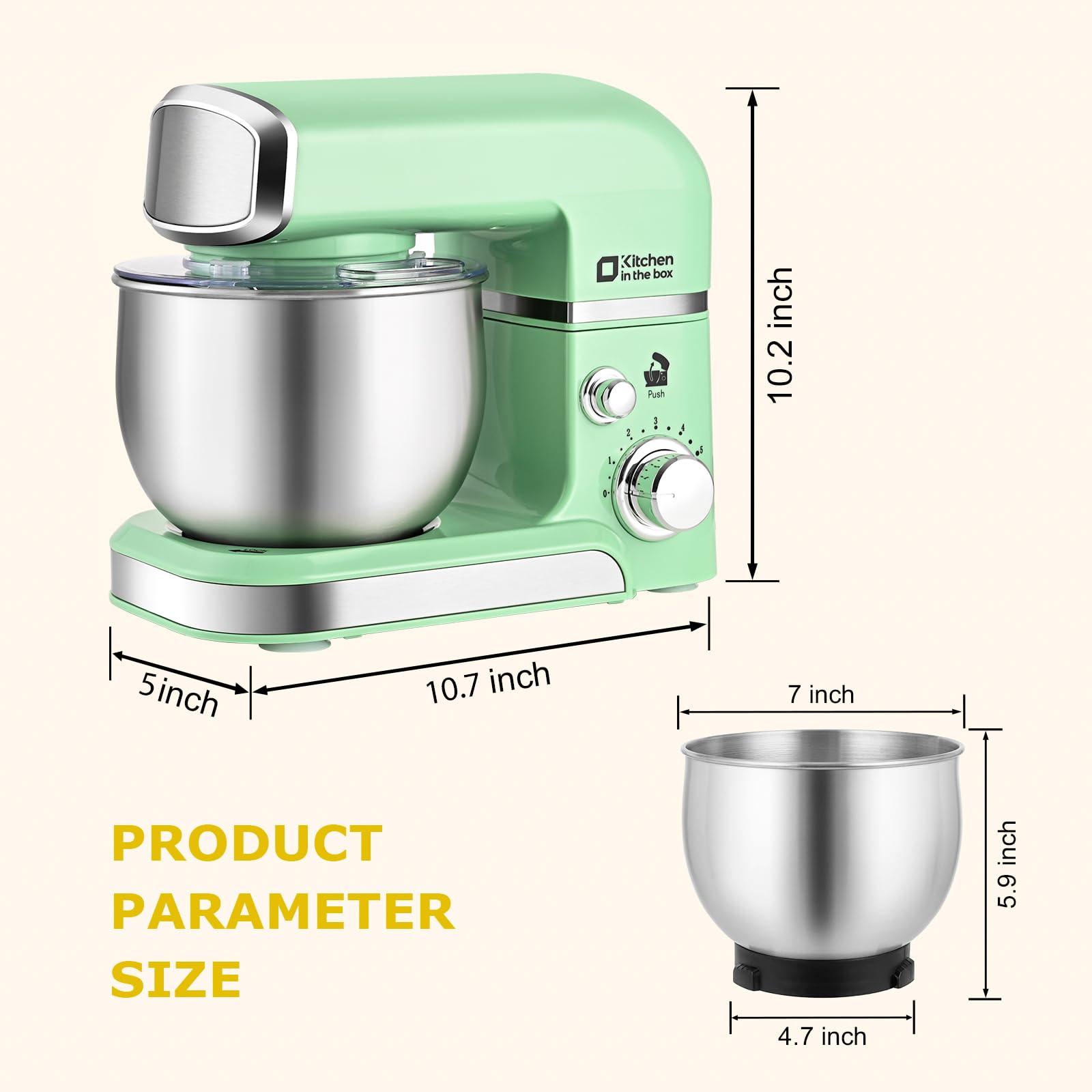 Kitchen in the box stand mixer in green, ideal for compact kitchens.