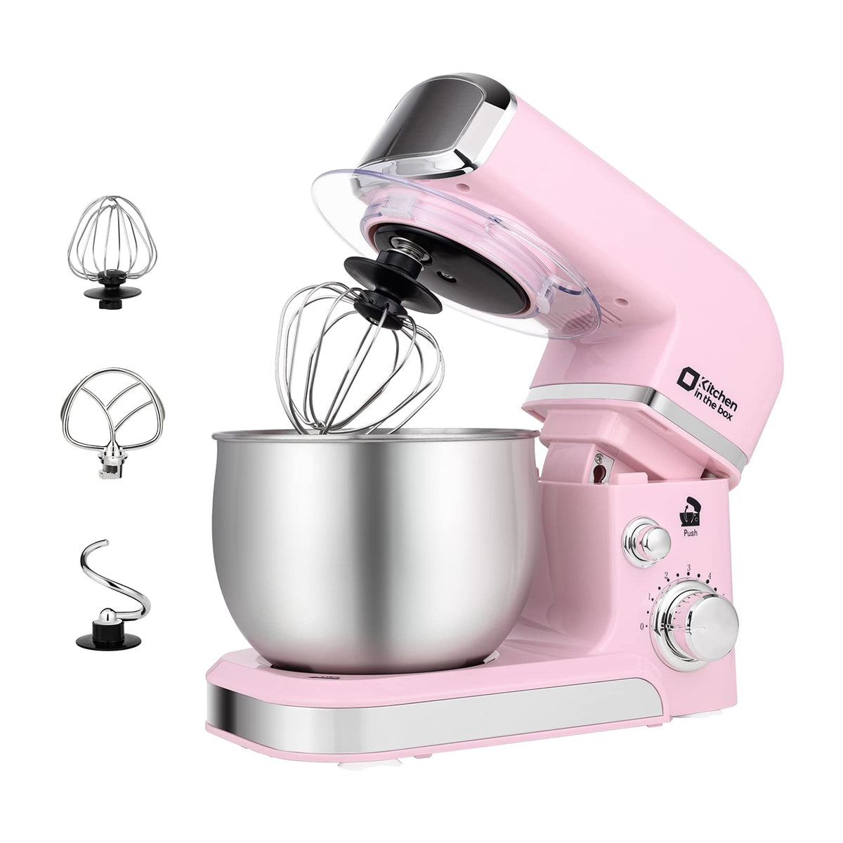 Kitchen in the Box pink tilt-head stand mixer for space-saving baking.