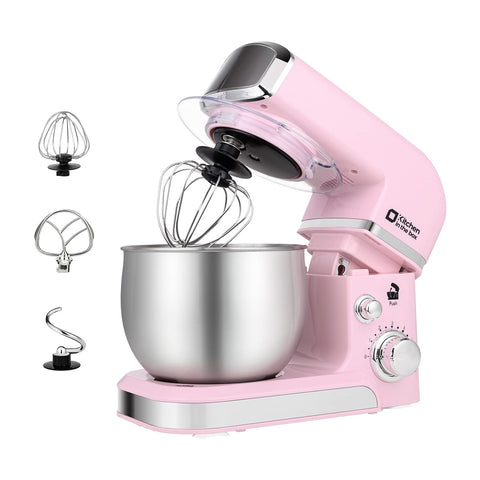 Kitchen in the Box pink tilt-head stand mixer for space-saving baking.