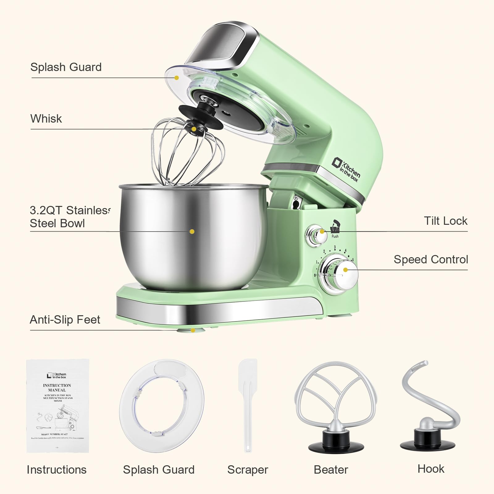 Kitchen in the box stand mixer tilt-head design for easy bowl access.