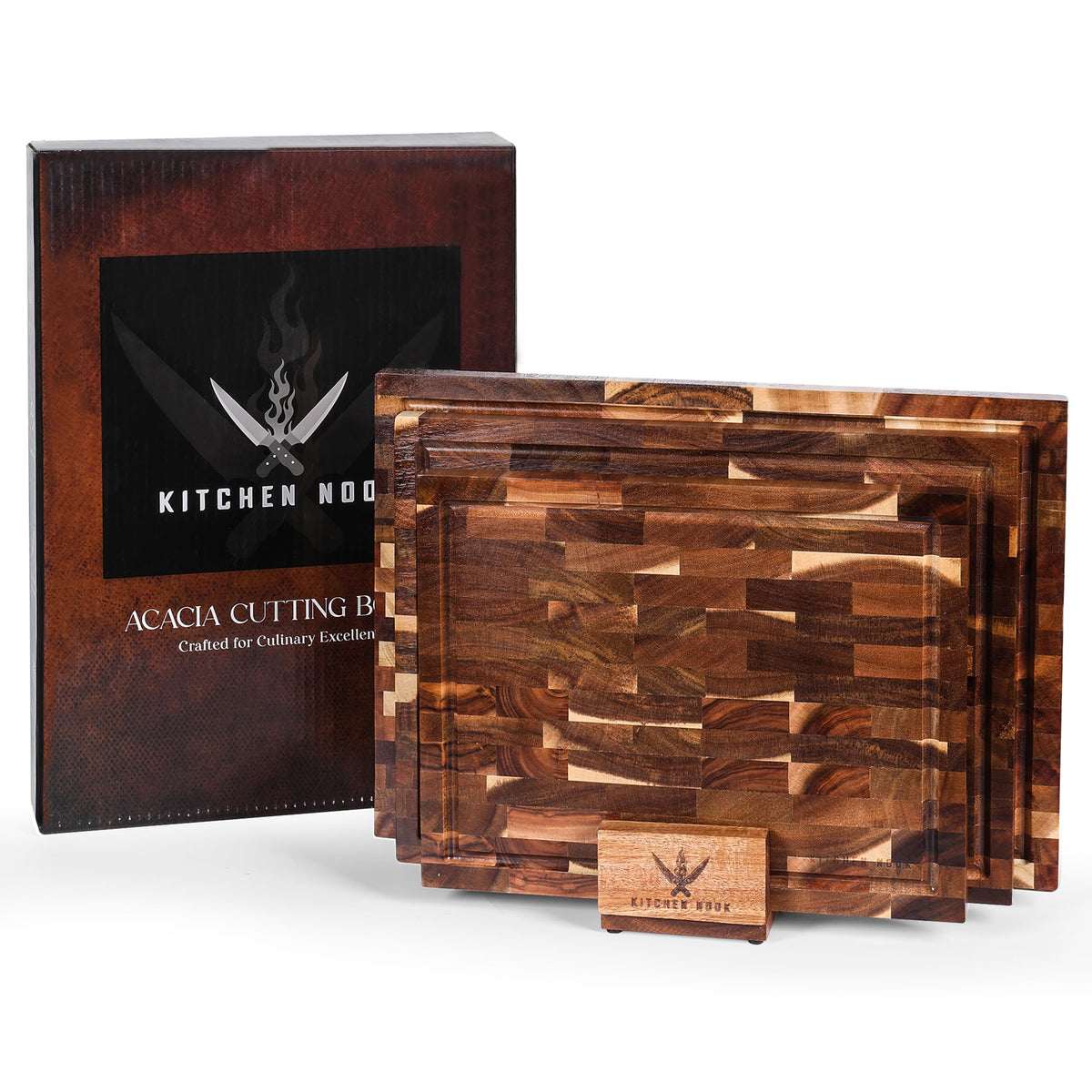 Kitchen Nook acacia cutting board 17x12 on stand, large prep area for meals.