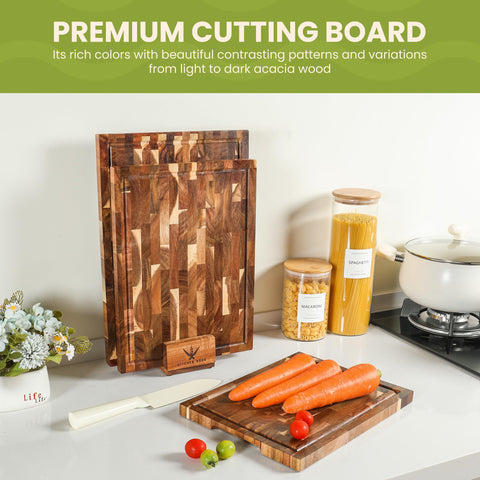 Kitchen Nook acacia cutting board with built-in handles, easy transport.