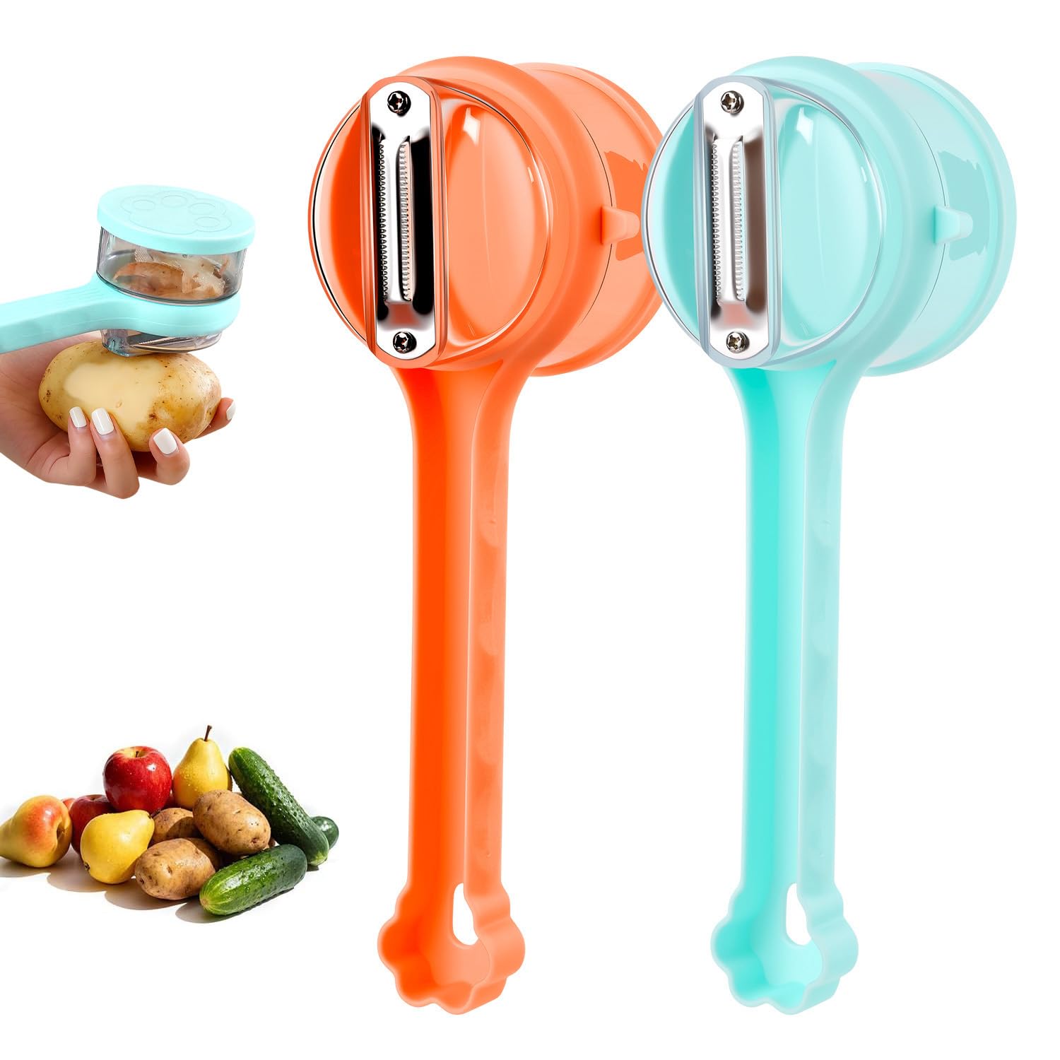 Kitchen peeler with box storage in orange and blue for a tidy counter.