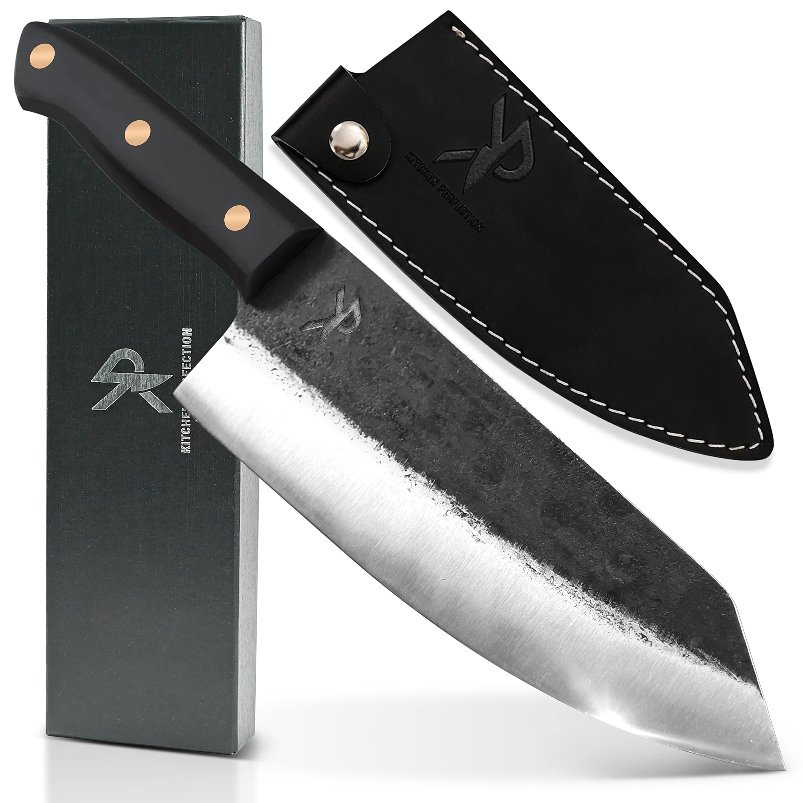 Kitchen Perfection 8-inch handmade carving knife close-up showing razor-sharp edge for precise slicing