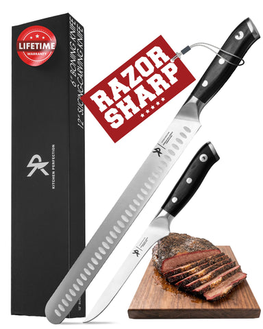 Kitchen Perfection brisket knife slicing with Granton edges for smooth, even cuts.