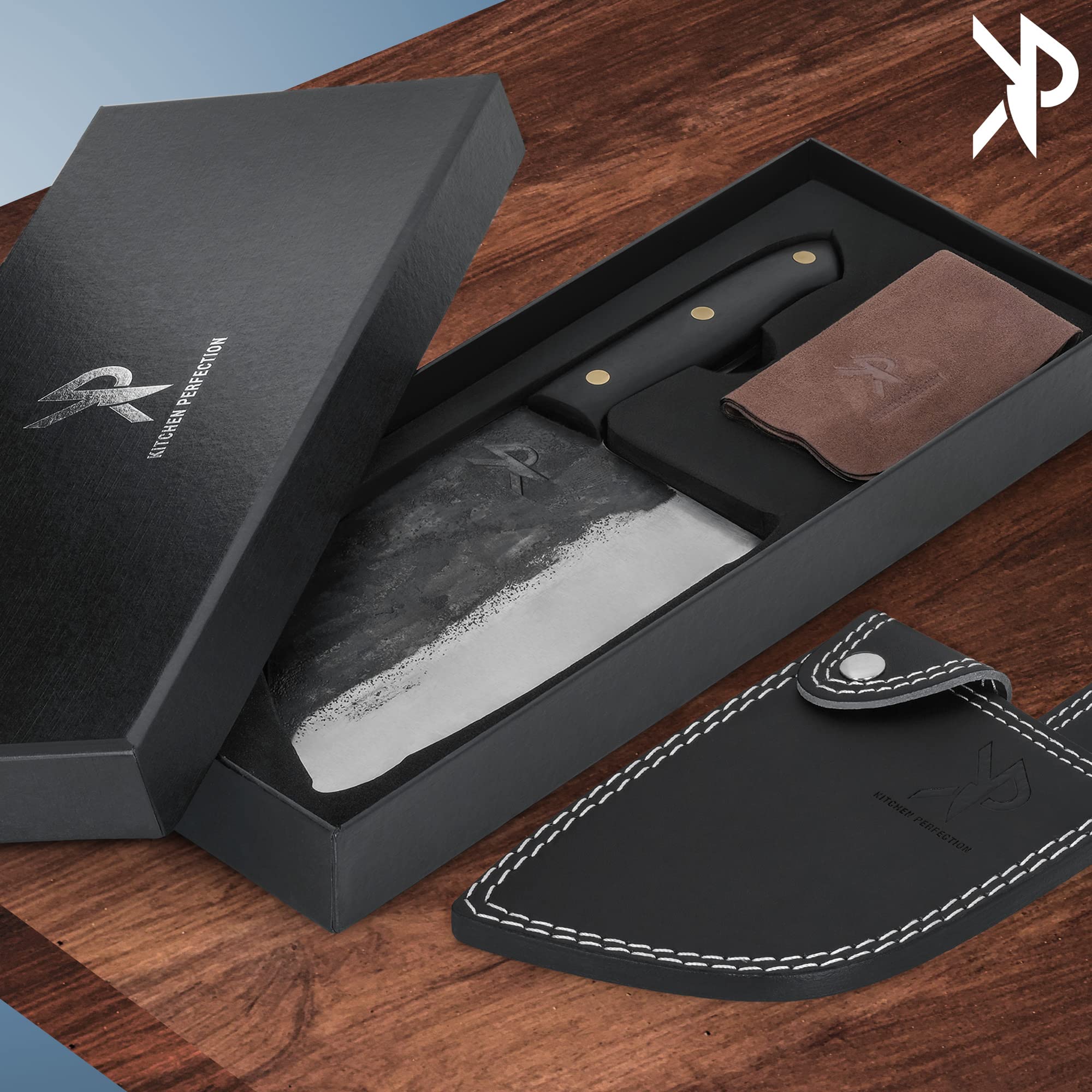 Kitchen Perfection leather sheath protects blade and safe storage.