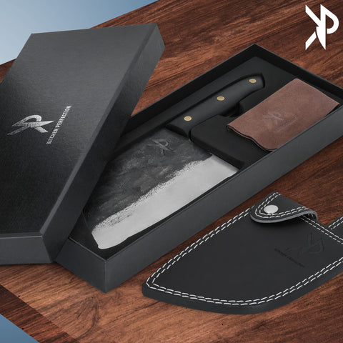 Kitchen Perfection leather sheath protects blade and safe storage.