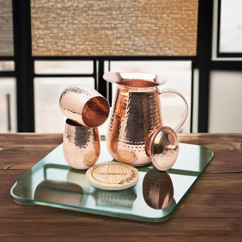 Kitchen Science copper pitcher with wooden coaster emphasizes elegant gifting.