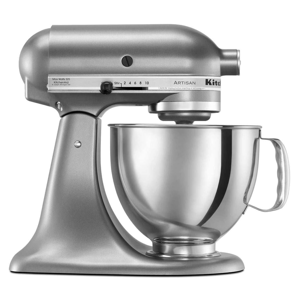 KitchenAid Artisan 5-quart tilt-head mixer with pouring shield for neat batter pouring.