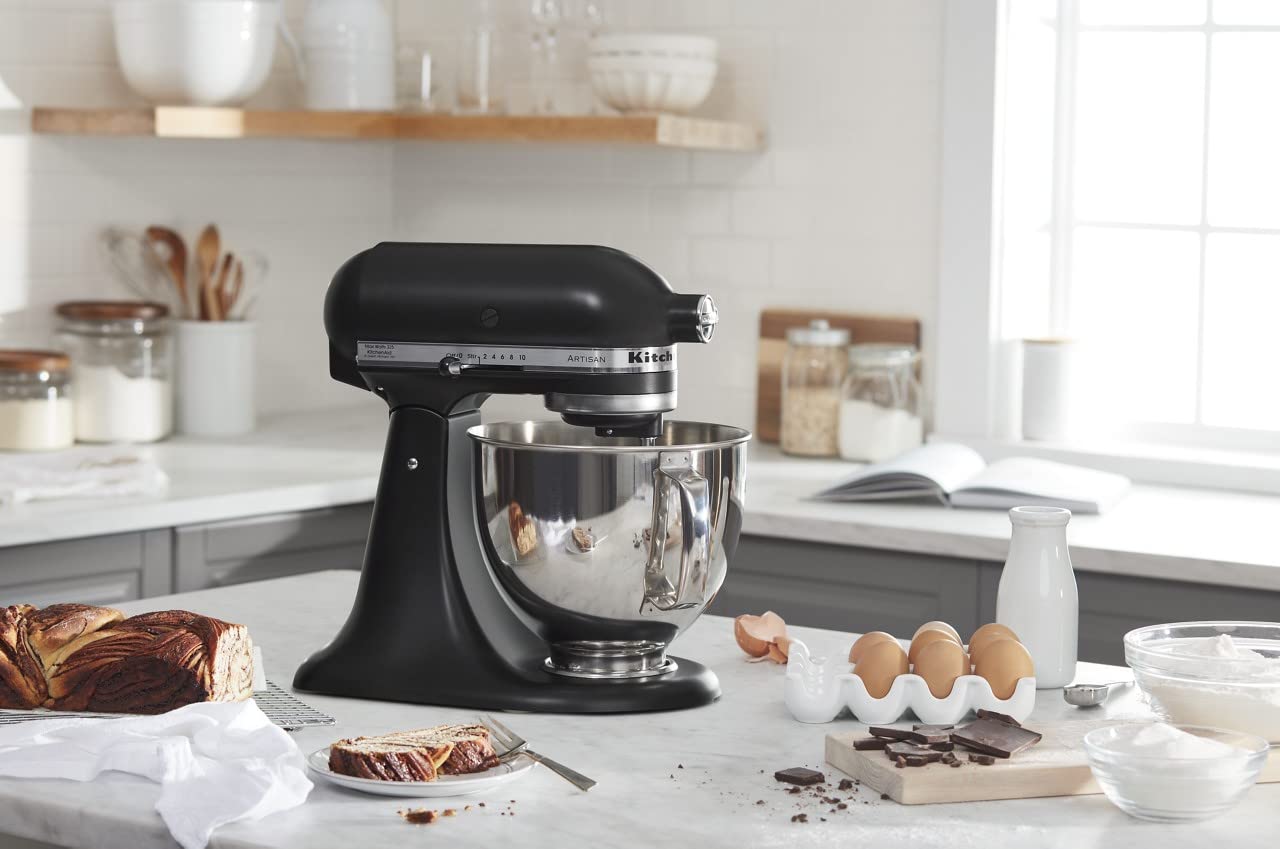 KitchenAid Artisan 5-Qt matte black finish complements kitchen style.