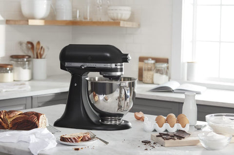 KitchenAid Artisan 5-Qt matte black finish complements kitchen style.