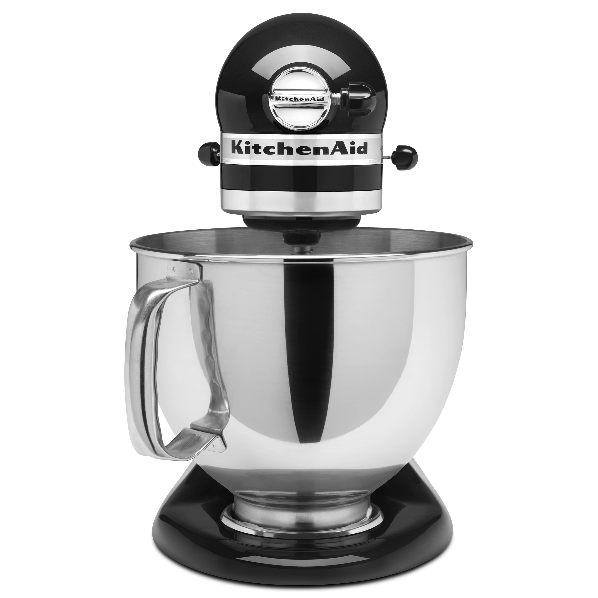 Pouring shield attached to KitchenAid mixer reduces splashes during batter mixing.