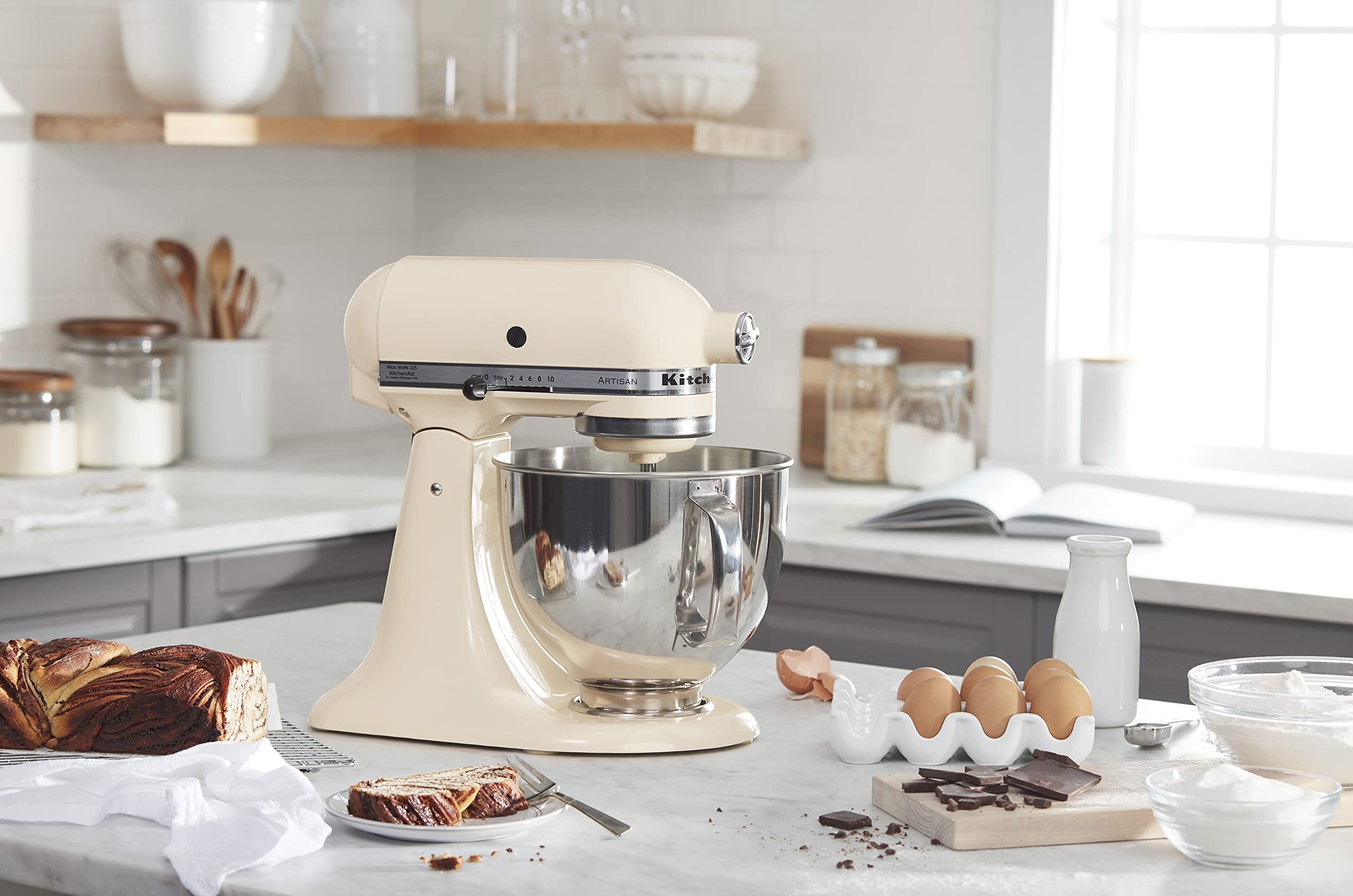 KitchenAid Artisan tilt-head access for easy ingredient addition and monitoring.