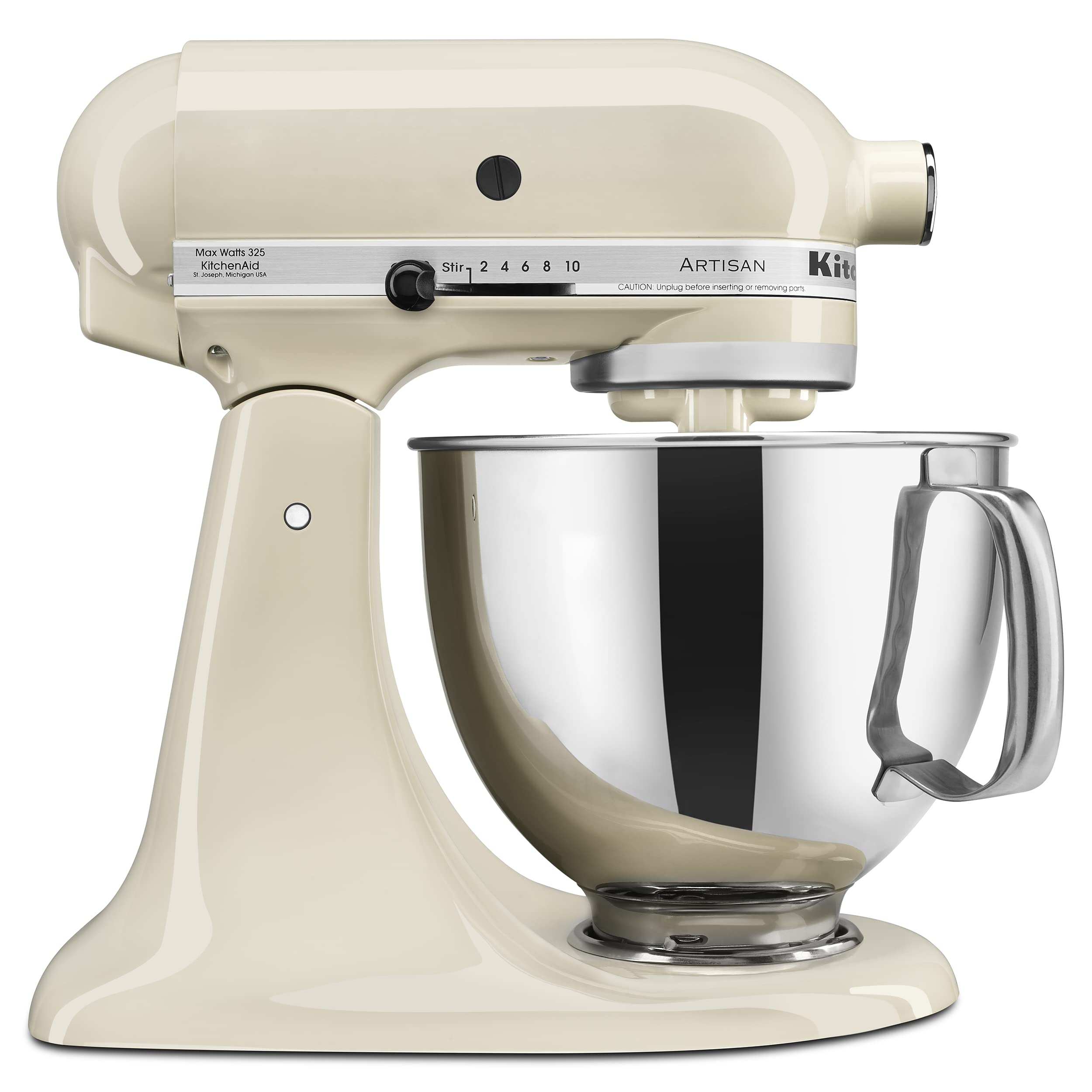 KitchenAid Artisan tilt-head mixer with almond cream and pouring shield for mess-free pouring.