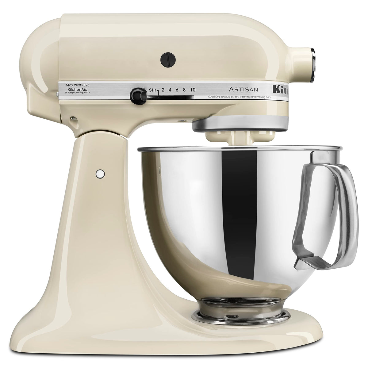 KitchenAid Artisan tilt-head mixer with almond cream and pouring shield for mess-free pouring.