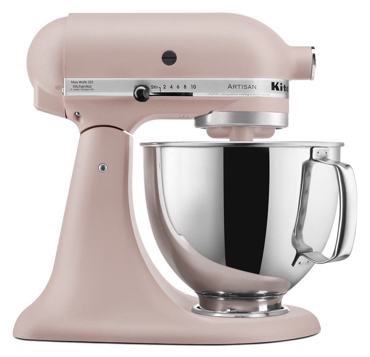 KitchenAid Artisan Tilt-Head Mixer in Feather Pink with pouring shield for mess-free pouring.