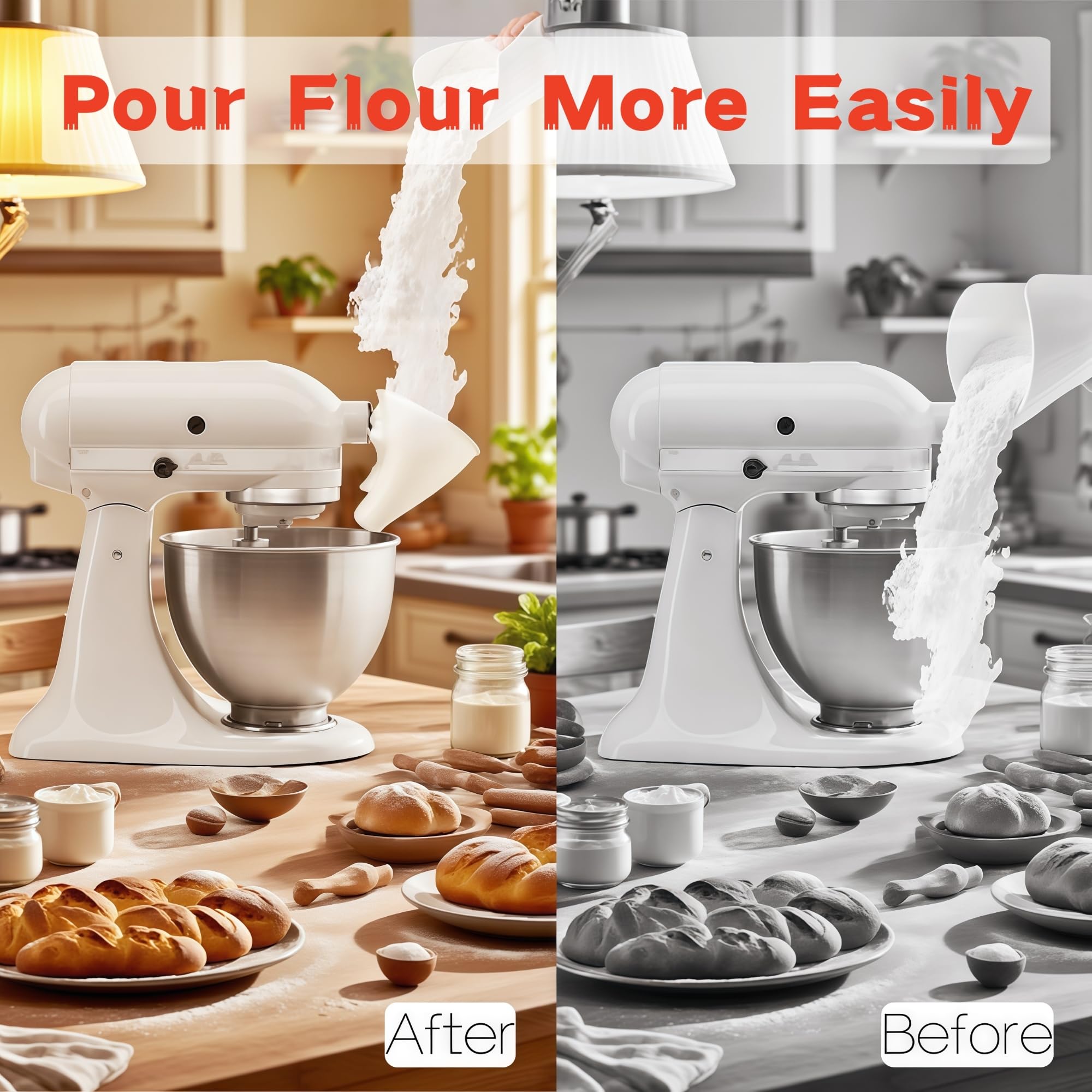 Dishwasher-safe KitchenAid flour funnel for easy cleanup.