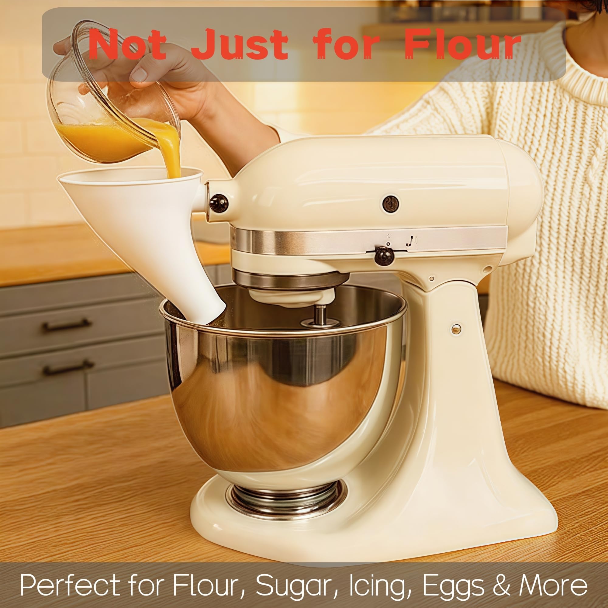 KitchenAid flour funnel supports adding sugar, oils, or eggs.