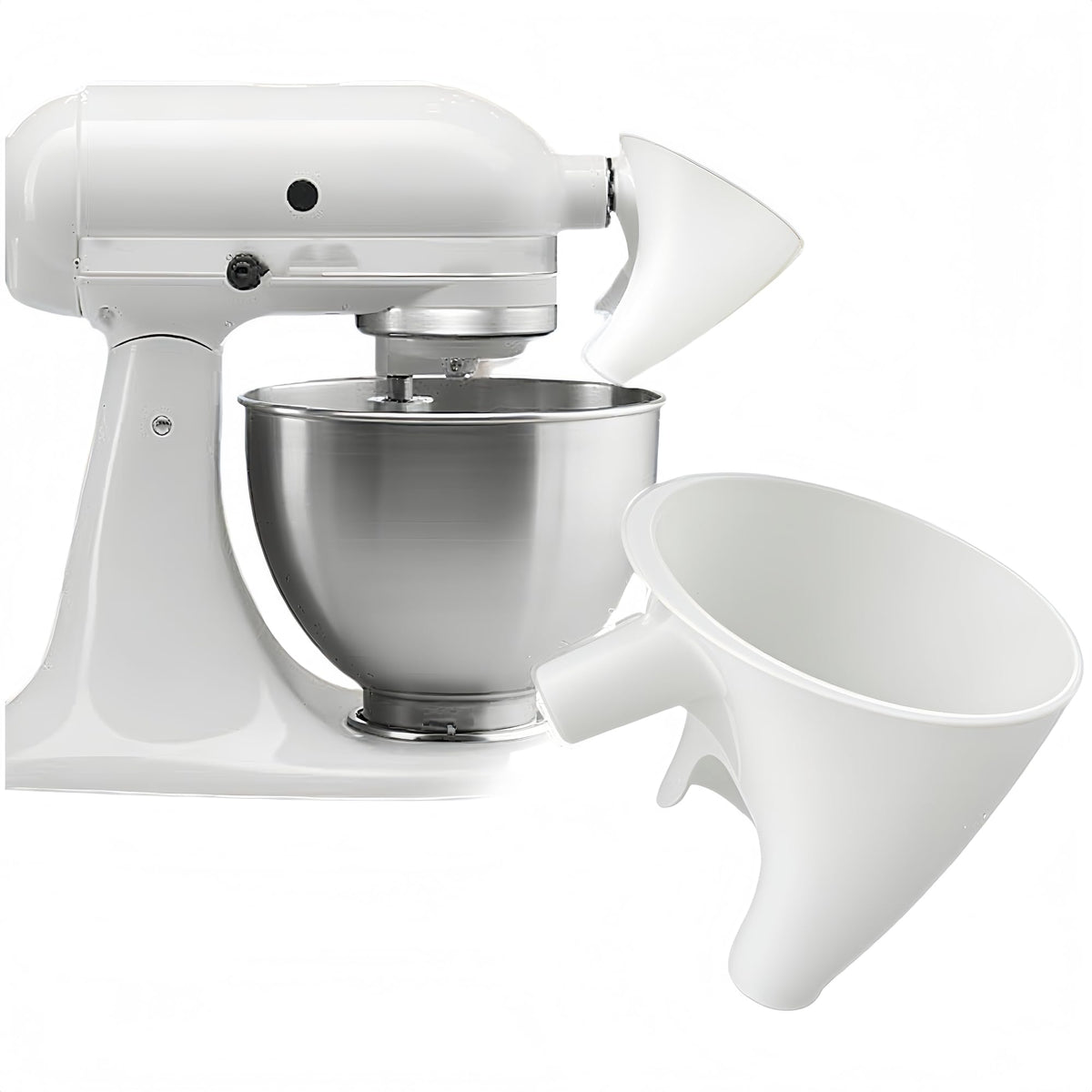 KitchenAid flour funnel attachment enables hands-free, mess-free pouring during mixing.