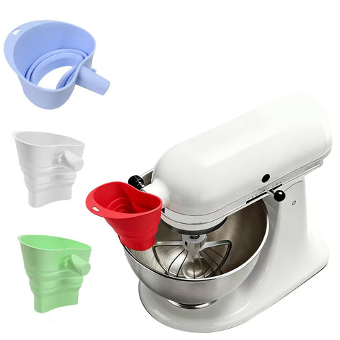 Kitchenaid flour funnel with foldable blue spout for controlled pouring into the bowl