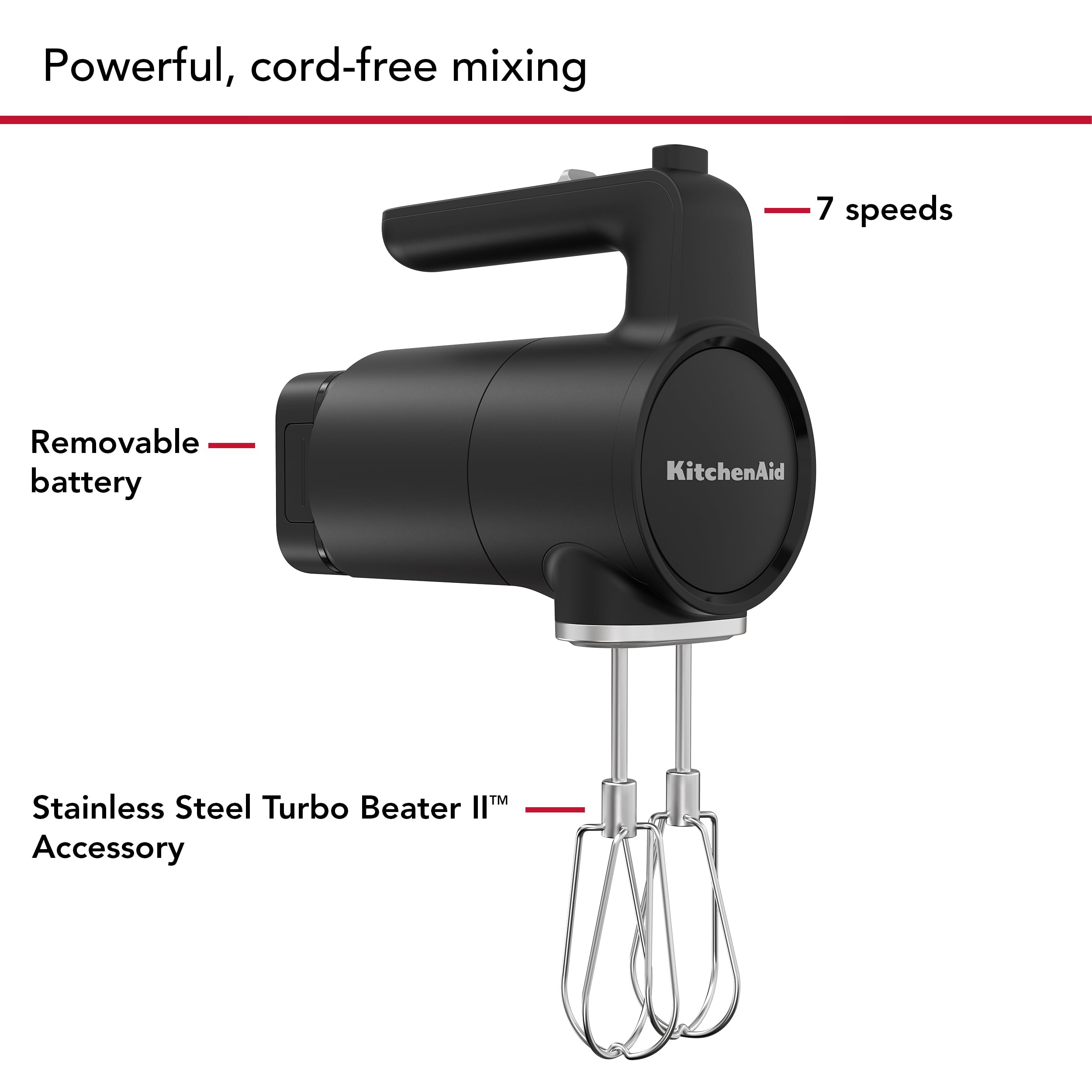 KitchenAid Go cordless hand mixer stands upright to keep the counter clear