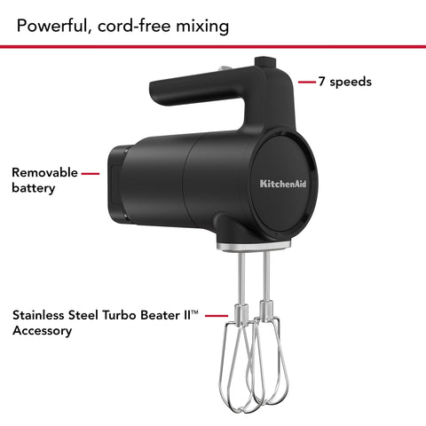KitchenAid Go cordless hand mixer stands upright to keep the counter clear