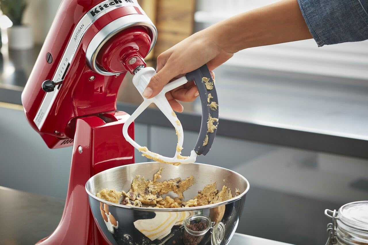KitchenAid KFE5T flex edge beater in action with tilt-head mixer