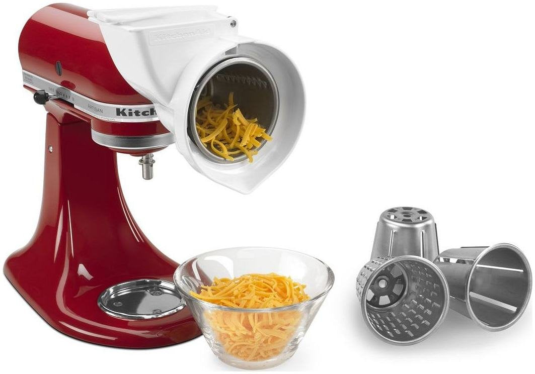 KitchenAid rotor slicer/shredder attachment with shredding cones for cheese and vegetables.