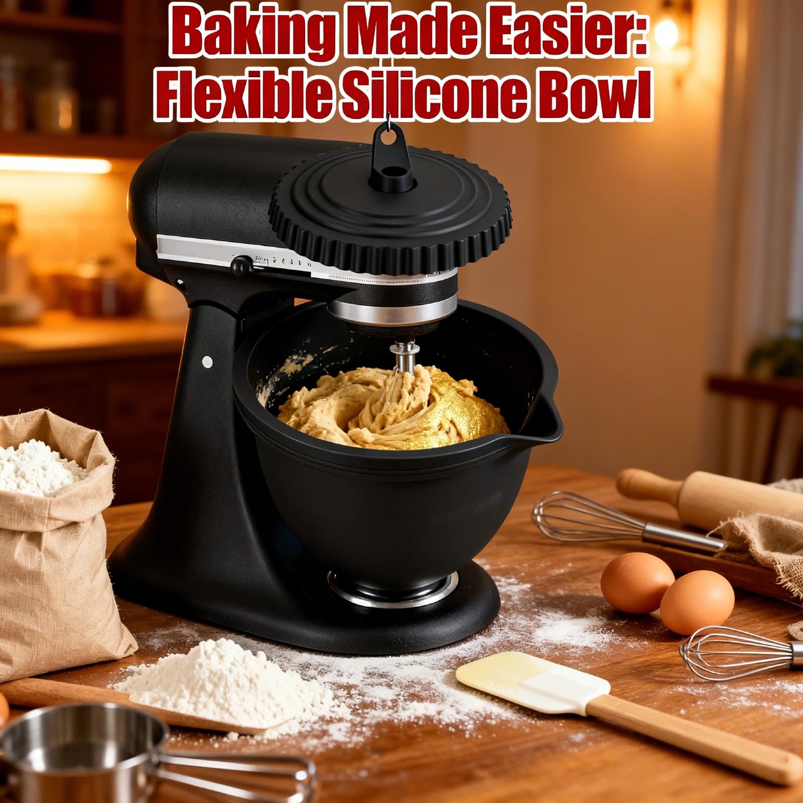 KitchenAid silicone bowl liner red non-slip bottom supports steady mixing.